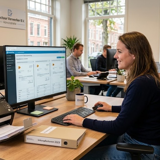 Medewerker verwerkt inkoopfacturen automatisch achter haar bureau