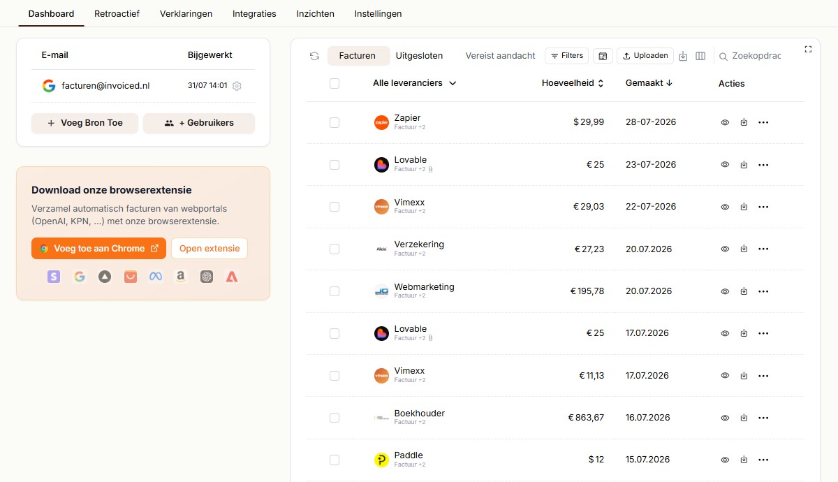 Dashboard met gevonden facturen en scanhistorie