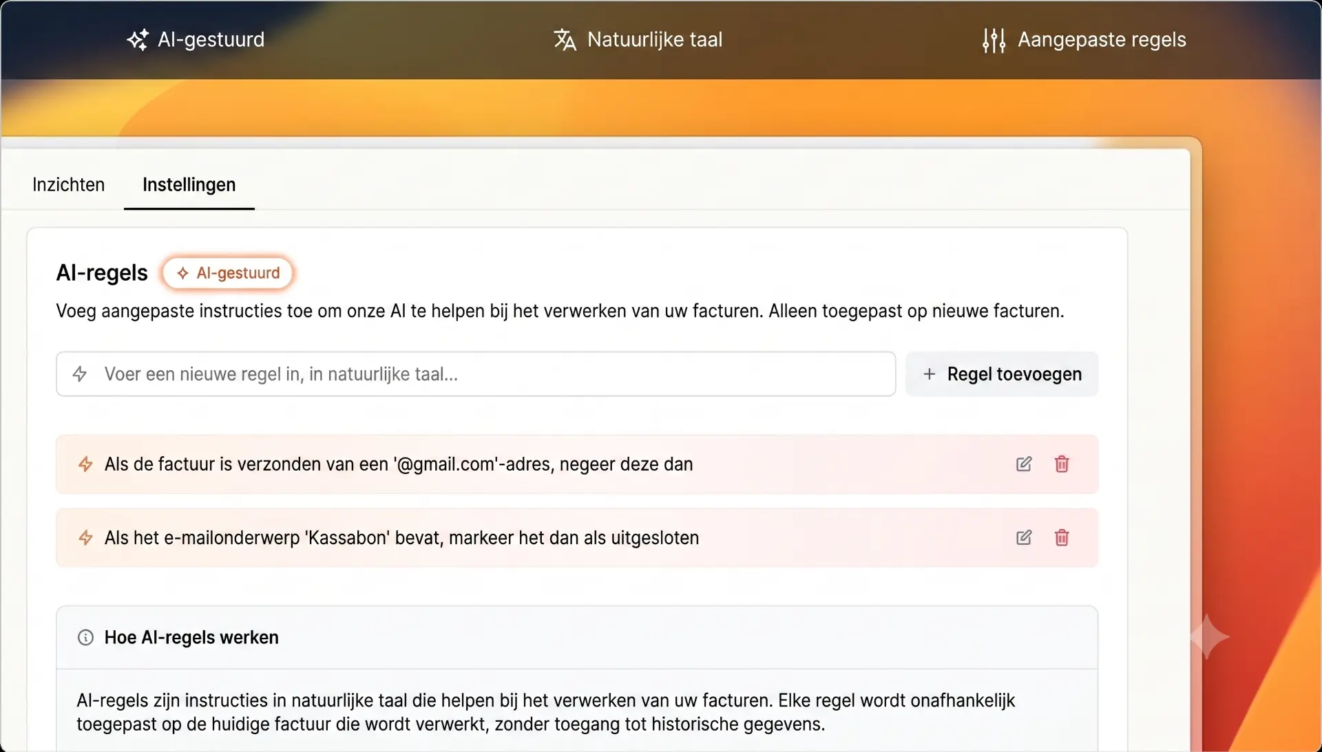 Instellingenscherm met AI-regels in natuurlijke taal voor factuurverwerking